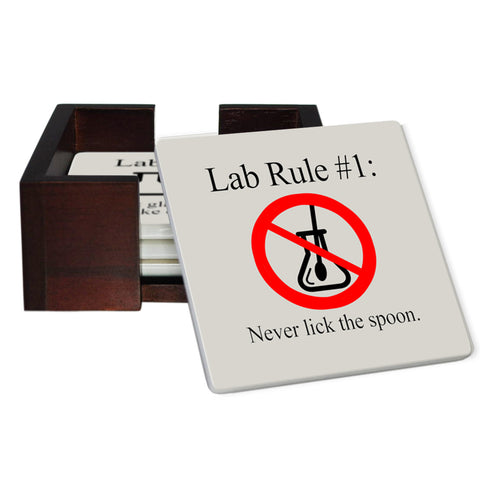 Lab Rules 1-6 Coaster Set - Ceramic Tile 6 Piece Set - Caddy Included