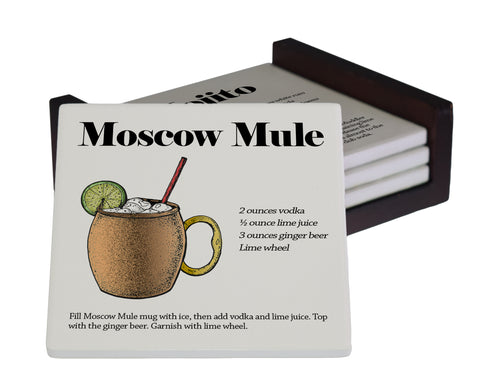 Popular Drink Cocktail Drink Recipes 4-Piece Matte Ceramic Coaster Set - Caddy Included