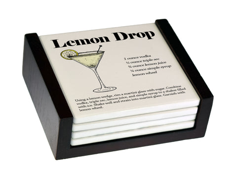 Popular Drink Cocktail Drink Recipes 4-Piece Matte Ceramic Coaster Set - Caddy Included