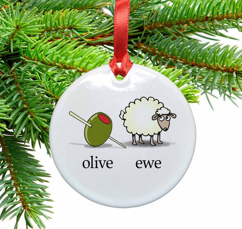 Olive Ewe / I Love You Ceramic Christmas Ornament