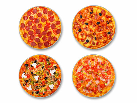 Assorted Pizza Images - 4-Piece Round Matte Finish Ceramic Coaster Set - Caddy Included