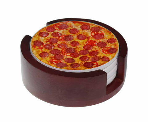 Assorted Pizza Images - 4-Piece Round Matte Finish Ceramic Coaster Set - Caddy Included