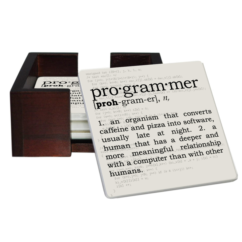 Programmer Definition Coaster Set - Ceramic Tile 4 Piece Set - Caddy Included