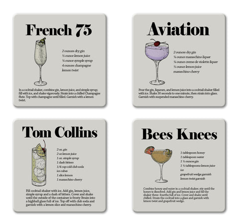 Prohibition Era Cocktail Drink Recipes 4-Piece Matte Ceramic Coaster Set - Caddy Included