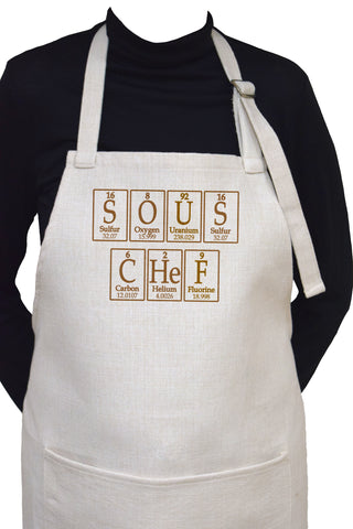 Sous Chef Apron Spelled Using Periodic Table of Elements Symbols - Adjustable Neck Apron With Large Front Pocket