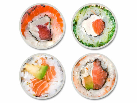 Assorted Sushi Images - 4-Piece Round Matte Finish Ceramic Coaster Set - Caddy Included