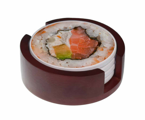 Assorted Sushi Images - 4-Piece Round Matte Finish Ceramic Coaster Set - Caddy Included